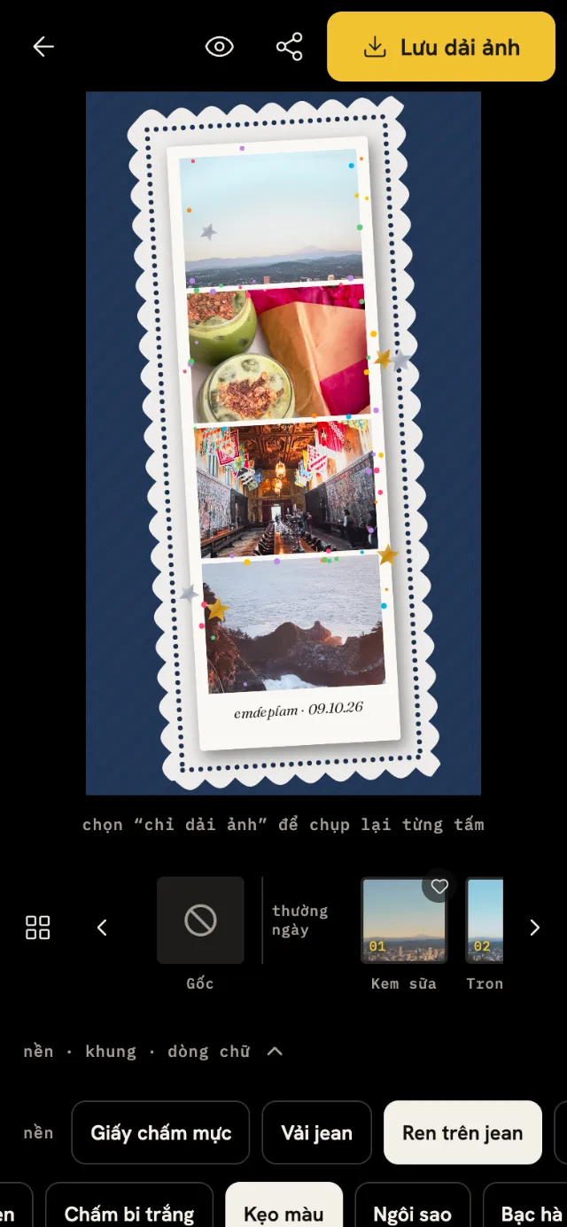 Màn hình photobooth của emdeplam: dải ảnh 4 tấm khung kẹo màu nằm nghiêng trên nền ren và vải jean