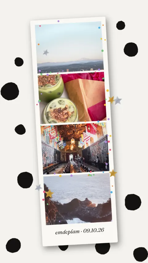 Dải ảnh photobooth 4 tấm nằm nghiêng trên nền giấy trắng chấm mực đen, có sao vàng